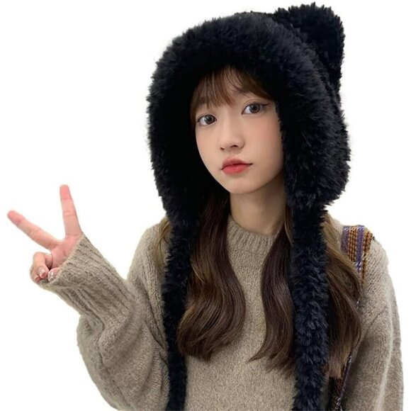 Women Black Winter Beanie Hats Knit Ear Flaps Cute Stuffed Bear Ears Fleece main image 2
